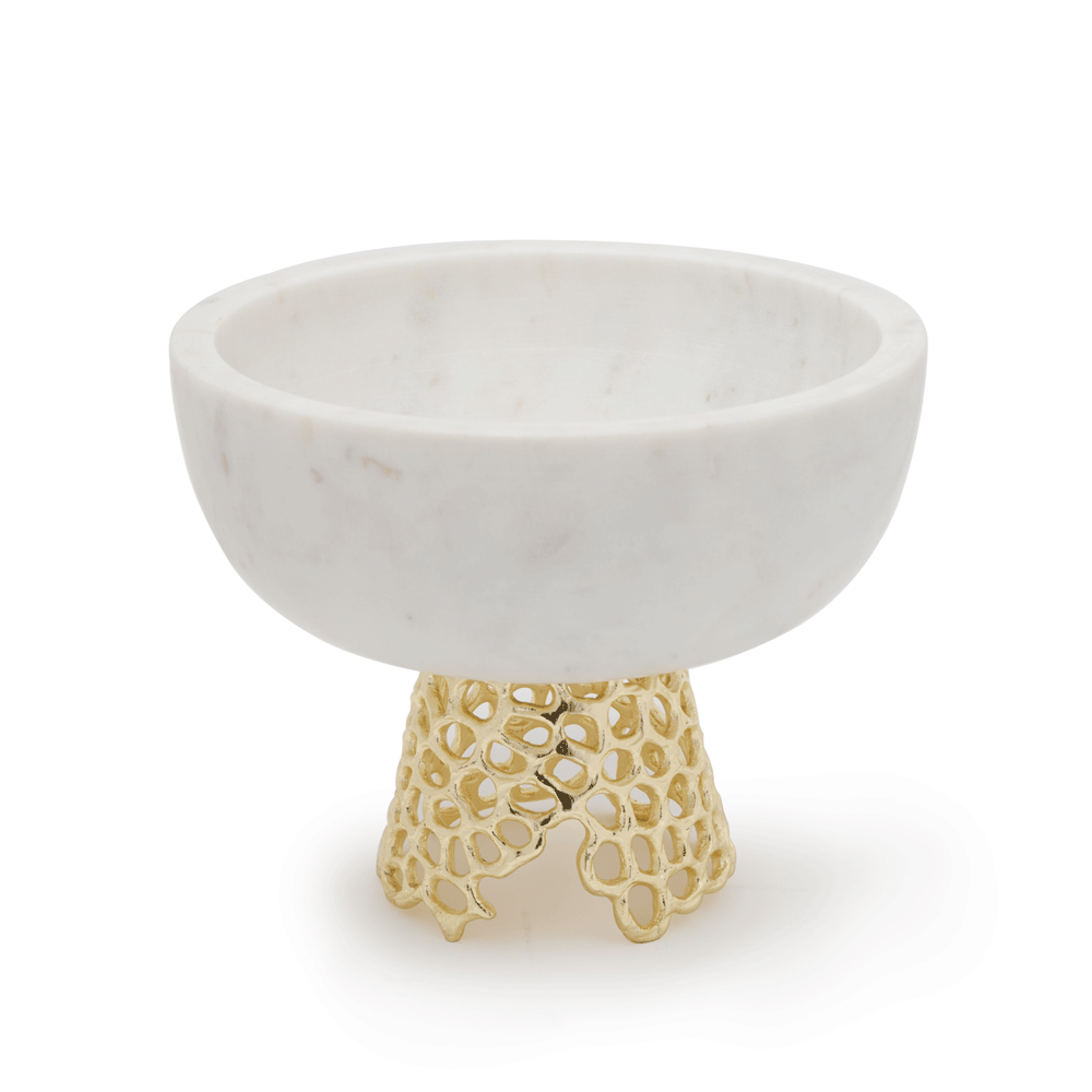BRASS MESH BOWL SMALL WHITE MARBLE WITH GOLD FINISHED BRASS