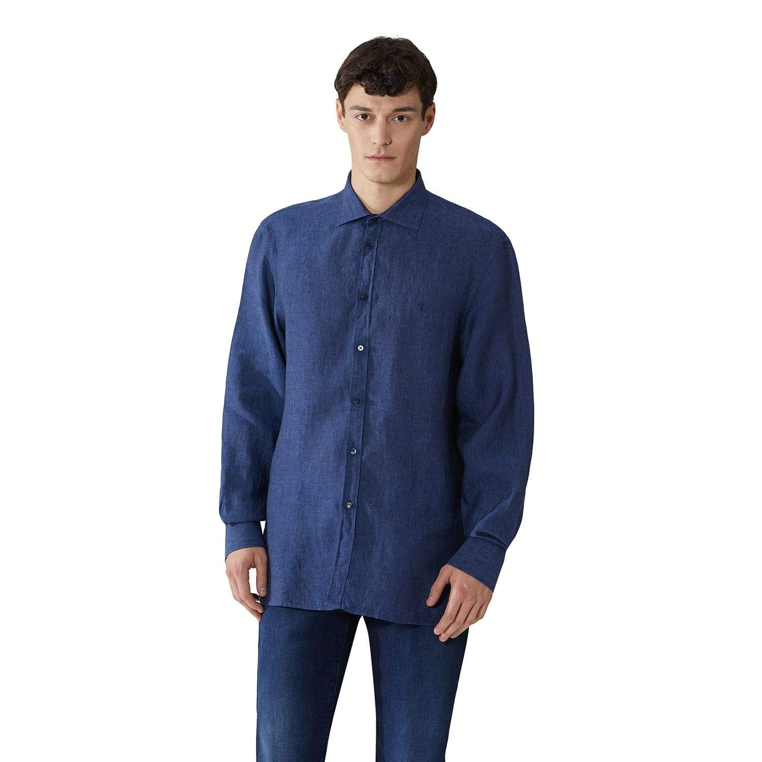 Trussardi Italian Collar Yarn Dyed Shirt - Navy Blue - 52C00139