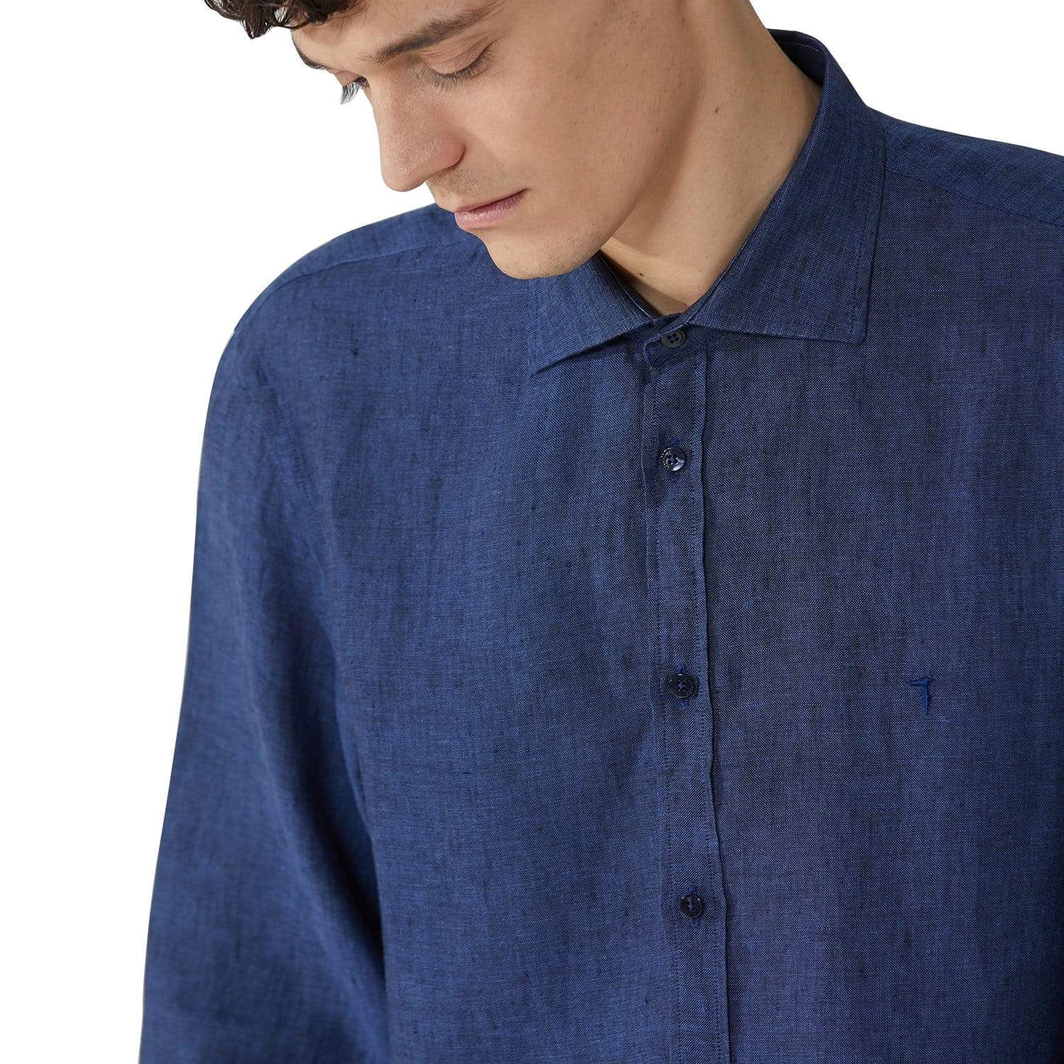 Trussardi Italian Collar Yarn Dyed Shirt - Navy Blue - 52C00139