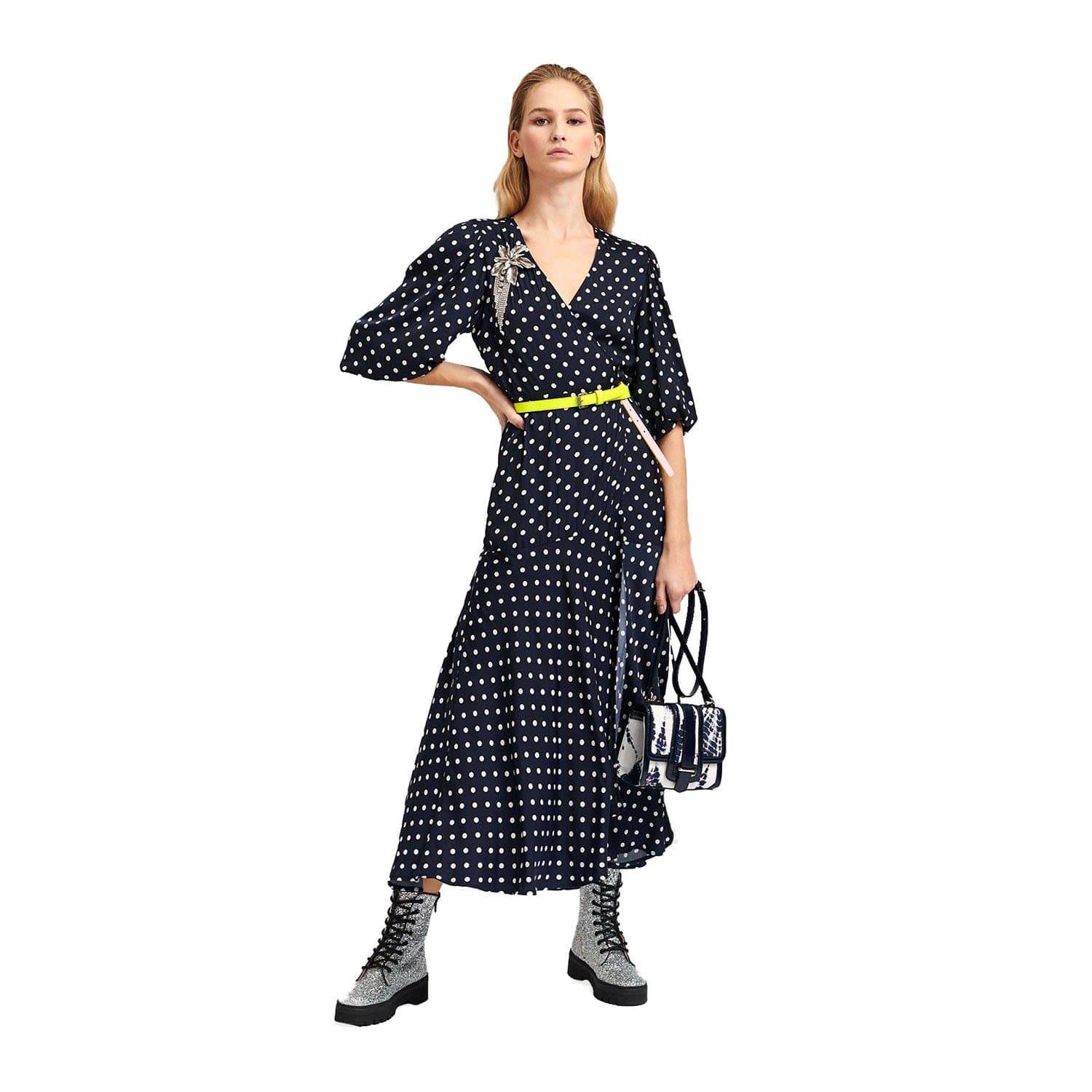 Essentiel Antwerp Vundamental Long Wrap Dress - Dark Blue and Off White - VUNDAMENTAL-V4VB-36